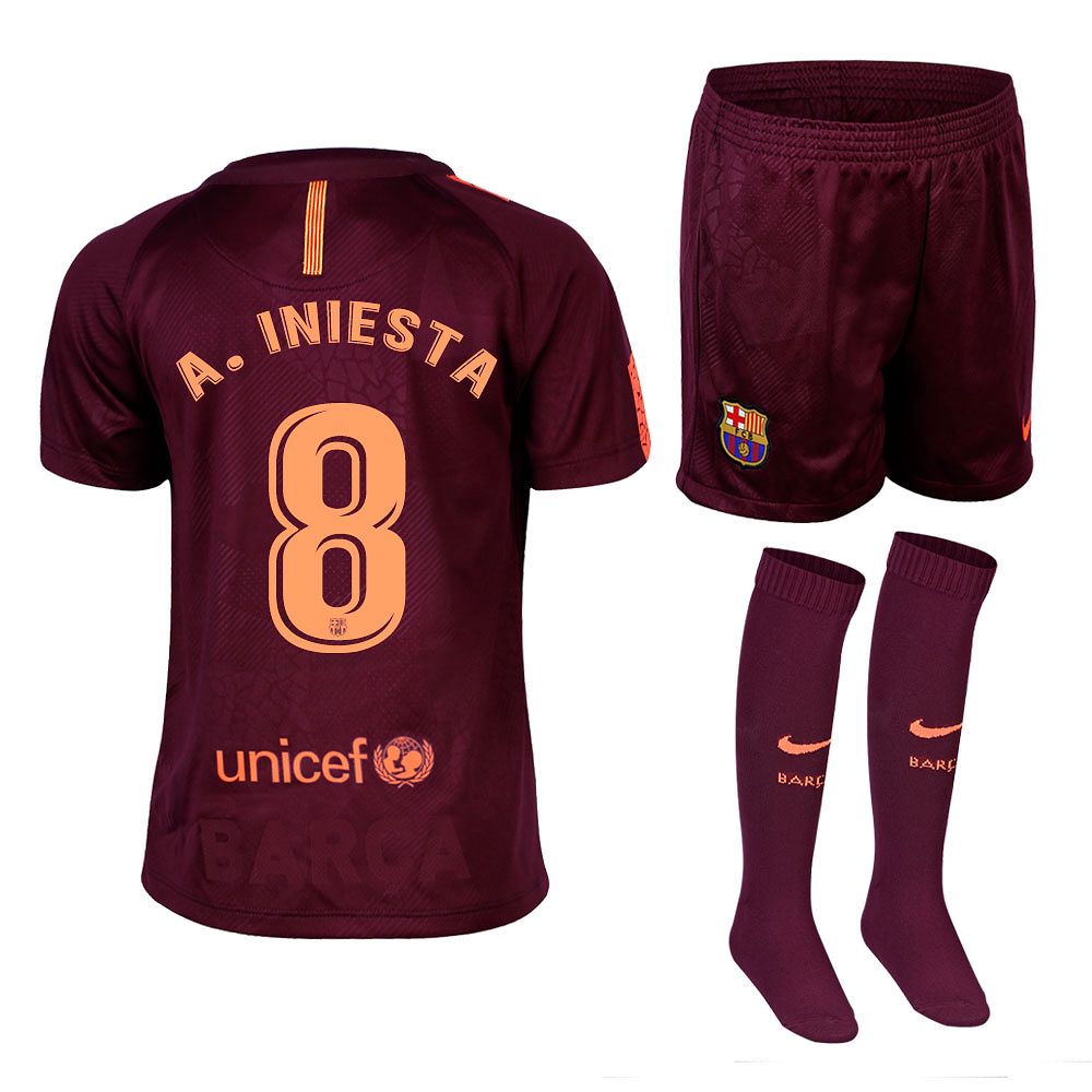 Conjunto 3ª FC Barcelona 2017/2018 Iniesta Infantil Granate - Fútbol Factory