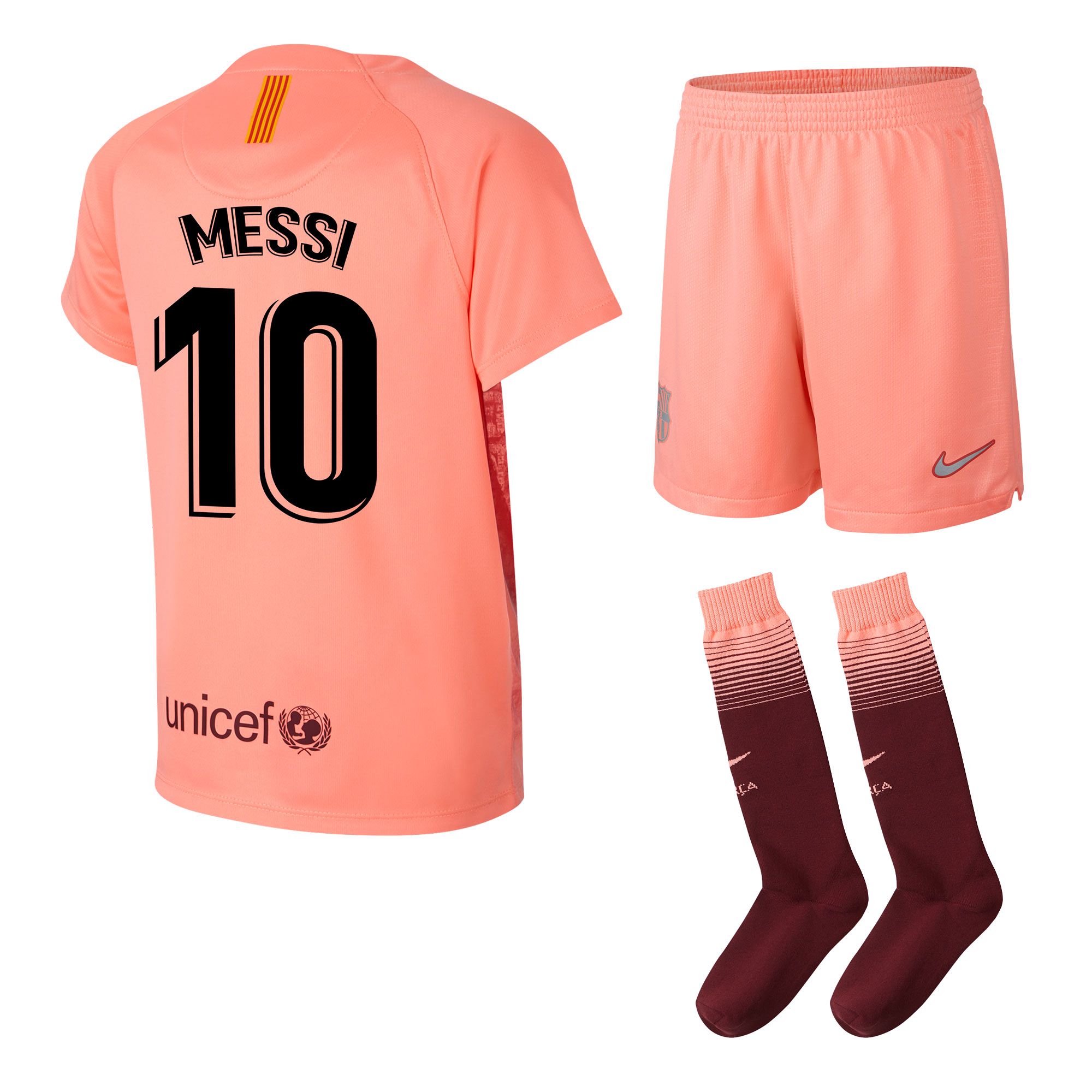 Conjunto 3ª FC Barcelona 2018/2019 Messi Infantil Rosa - Fútbol Factory