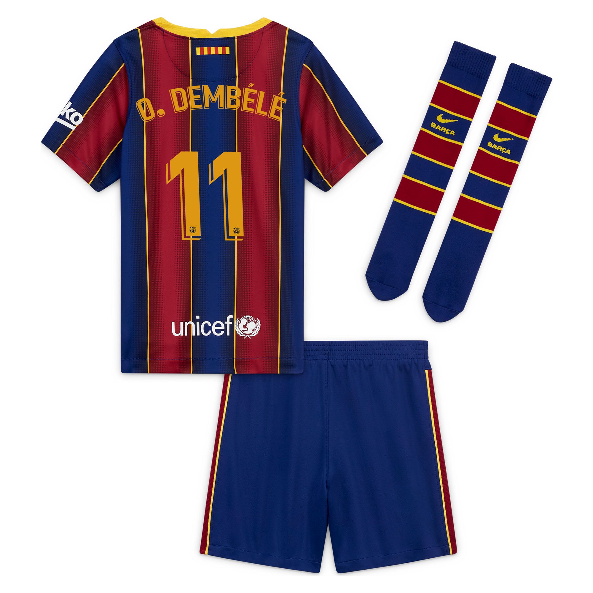 Conjunto 1ª FC Barcelona 2020/2021 Infantil  O. Dembélé - Fútbol Factory