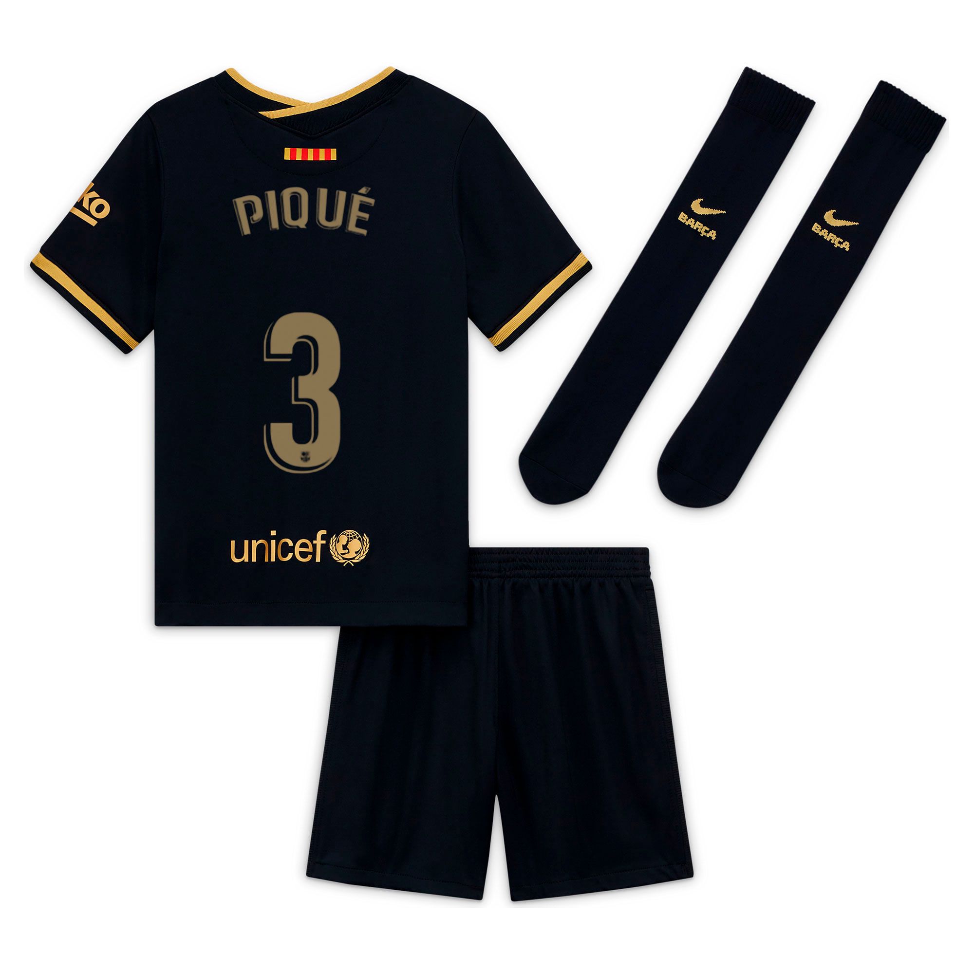 Conjunto 2ª FC Barcelona 2020/2021 Infantil Negro Oro Piqué - Fútbol Factory