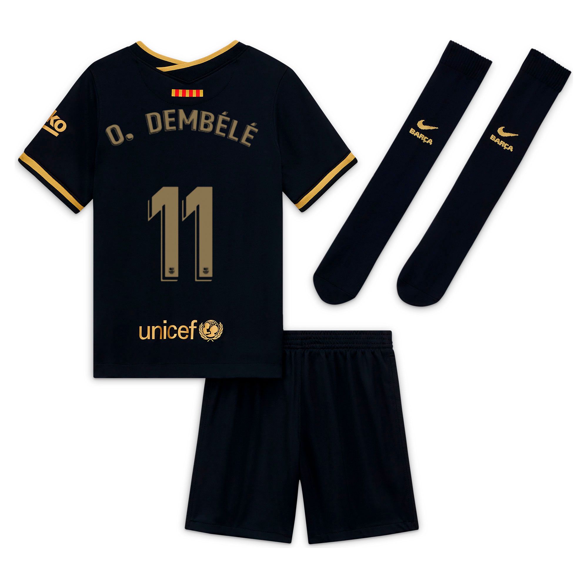 Conjunto 2ª FC Barcelona 2020/2021 Infantil Negro Oro Dembelé - Fútbol Factory