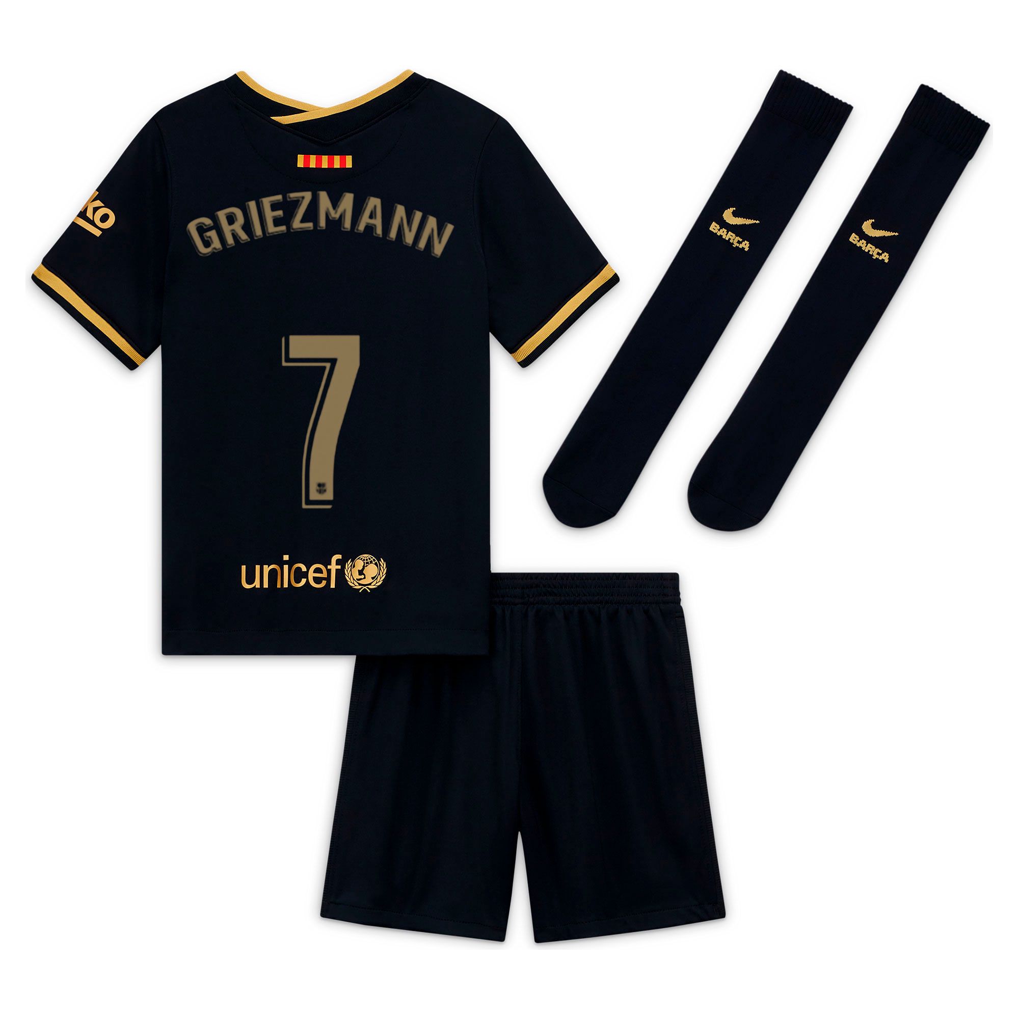 Conjunto 2ª FC Barcelona 2020/2021 Infantil Negro Oro Griezmann - Fútbol Factory
